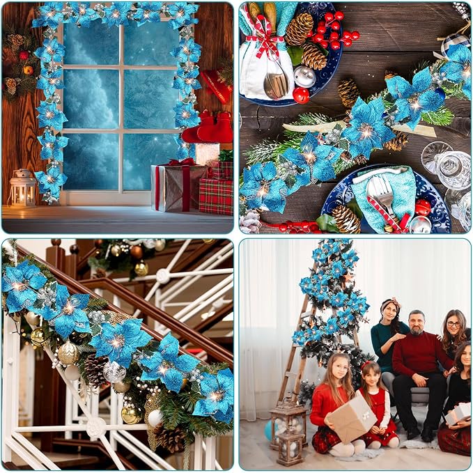 Zubebe 2 Pcs Prelit Poinsettia Christmas Garland with String Lights Glitter Holly Leaves Berries Remote Timer 8 Modes 6.5 ft Lighted Flower Garland Battery Operated Indoor Outdoor Decor(Light Blue)