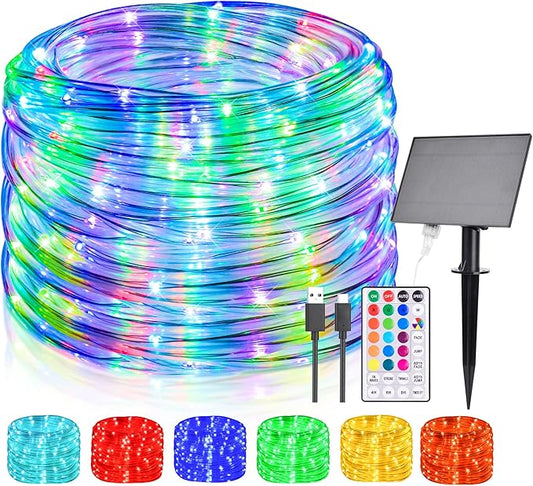 Nazuwke 66FT Solar Rope Lights Outdoor Waterproof, 18 Colors Changing 200 LED String Light USB & Solar Powered with Remote, Tube Light Fairy Lighting for Outside Patio Fence Pool Christmas Decor