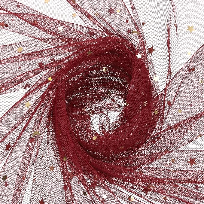 uxcell 60" x 8.7 Yard Tulle Fabric Star Moon Sequin Tulle Ribbon Rolls for Wedding Party Backdrop Stage Tutu Dress Bridal Veil DIY Sewing Crafts Decoration, Burgundy