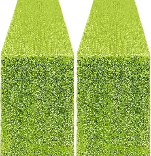 2 Packs 12 x 72 inches Sequin Table Runner, Apple Green Glitter Table Runner for Birthday Party Supplies Wedding Engagement Baby Shower Holiday Celebration Event Decorations