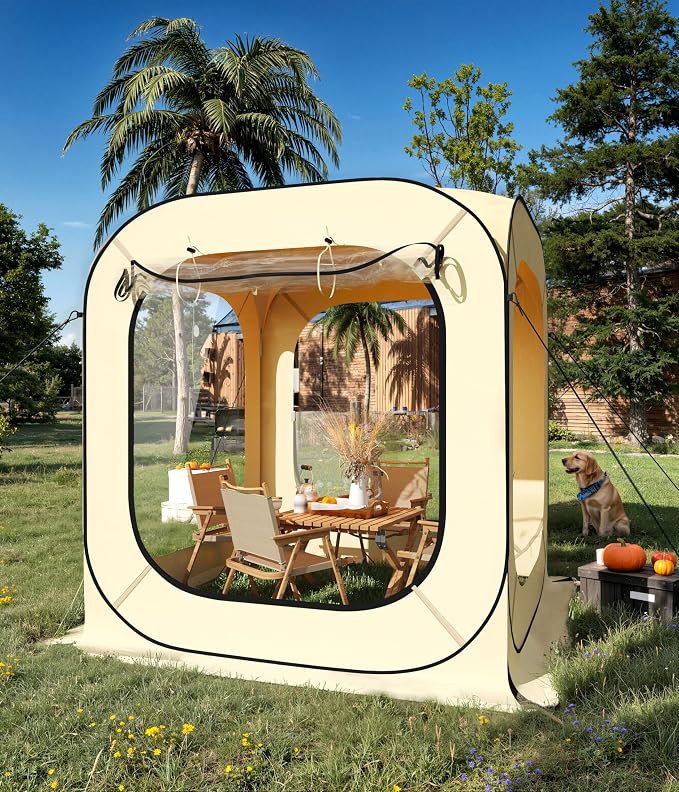 Garvee 6x6 Ft Outdoor All Weather Pop Up Tent, 2-3 Person Instant Tent Shelter, Rainproof Camping Sun Shelter Coldproof & Windproof for Patio, Backyard, Deck, Sports Events, Beige