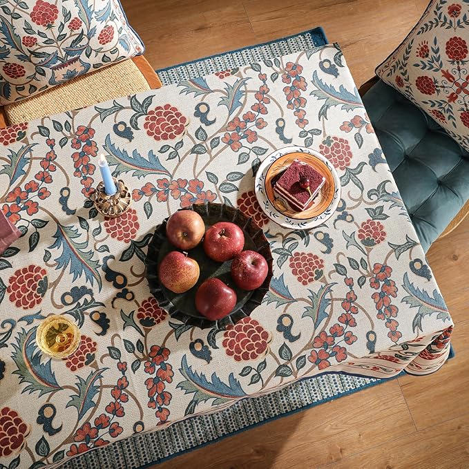 patdrea Elegant French Linen Tablecloth,Rectangular,79"x55"-Puno | Luxurious Table Cloth for Rectangle Table,Vintage Colorful Floral Design,Dining Room Kitchen Tea Party Decorations