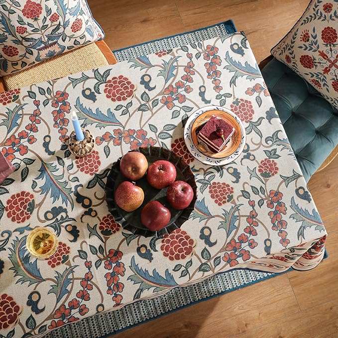 patdrea Elegant French Linen Tablecloth,Rectangular,110"x63"-Puno | Luxurious Table Cloth for Rectangle Table,Vintage Colorful Floral Design,Dining Room Kitchen Tea Party Decorations