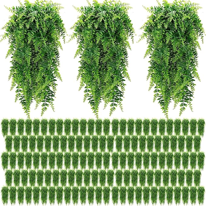 Geosar 122 Pcs Artificial Hanging Plants 32 Inch Hanging Boston Ferns Plastic Fake Plants for Wall Room Garden Wedding Garland Indoor Outdoor Decoration, No Basket