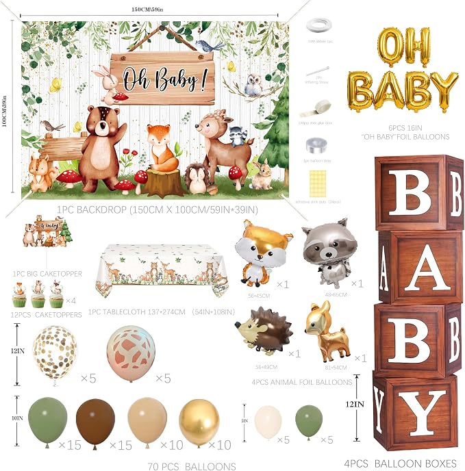 Woodland Baby Shower Decorations Neutral - Forest Animals Party Supplies Include Balloon Garland Arch, Oh Baby Backdrop, 4 Wood Grain Boxes, Fox Deer Raccoon Foil Balloons - Sage Green Gold