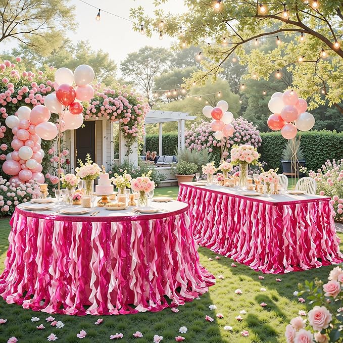 Wish Care 17ft Pink Sequin Table Skirt for Rectangle Tables Glitter Curly Willow Fuchsia Tutu Skirt Ruffle Table Cloth Desk Skirts for Princess Girls Birthday Baby Shower Party Cake Table Decorations
