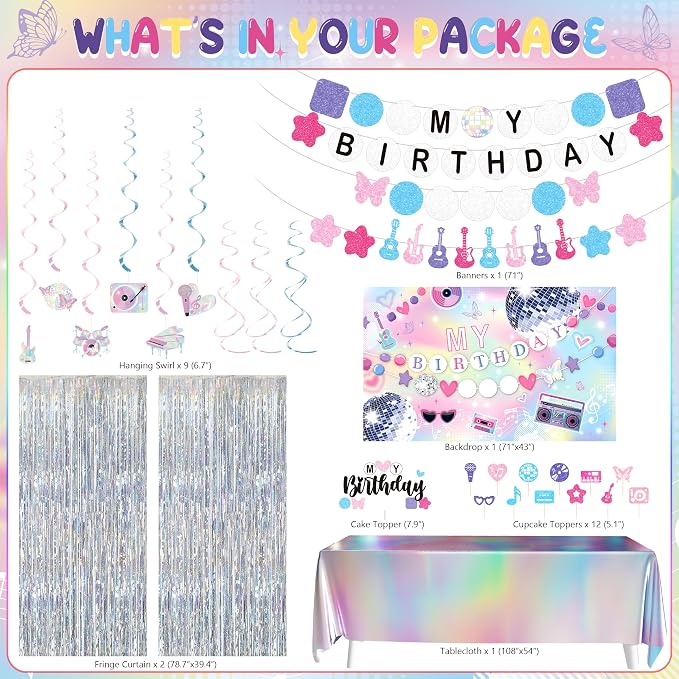Music Birthday Decorations, Popular Singer Theme Party Supplies for Girls Pink Purple Balloon Arch Friendship Bracelet Garland Backdrop Cake Toppers Hanging Swirls