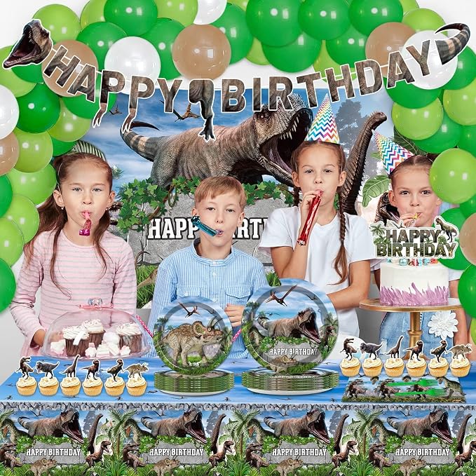 189 Pcs Dinosaur Birthday Party Supplies Set Dinosaur Party Decorations Kit Dinosaur Plates for Birthday Party Includes 24 Guests Tablecloth Backdrop Banners Cake Topper Baby Shower Kids Party Favors