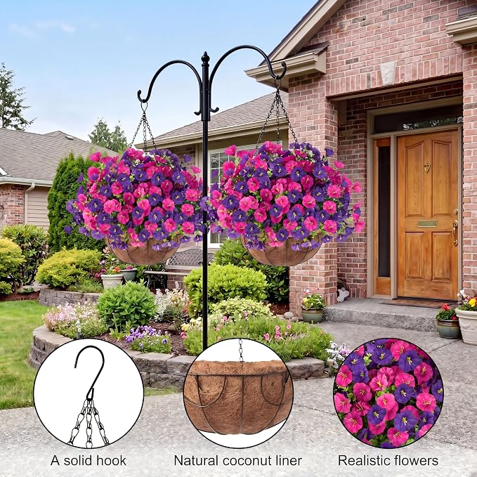 Artificial Flowers for Outdoors with Baskets Hanging Plant Faux Flowers UV Resistant Fake Silk Morning Glory with Eucalyptus for Planter Porch Garden Home Spring Summer Decoration(Fuchsia Purple)