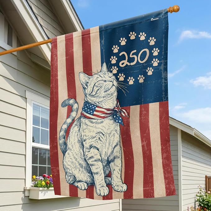 FLAGWIX 250 Years Anniversary Cat Flag - Polyester Double-sided Yard Flags For Outside House Flag (29.5" x 39.5") - 4th of July Decorations for Home Yard Garden Decor Banner, Gifts For Men Women