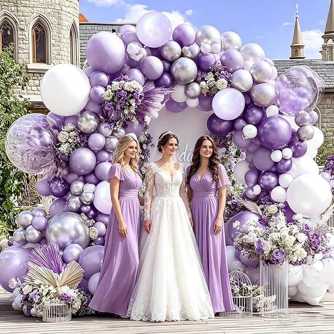 Pastel Purple White Balloon Arch Double Stuffed, Light Lavender Pearl Balloon Garland Kit with Metallic Lilac Silver Color for Bridal Shower Wedding Birthday Graduation Mothers Day Party Decoration