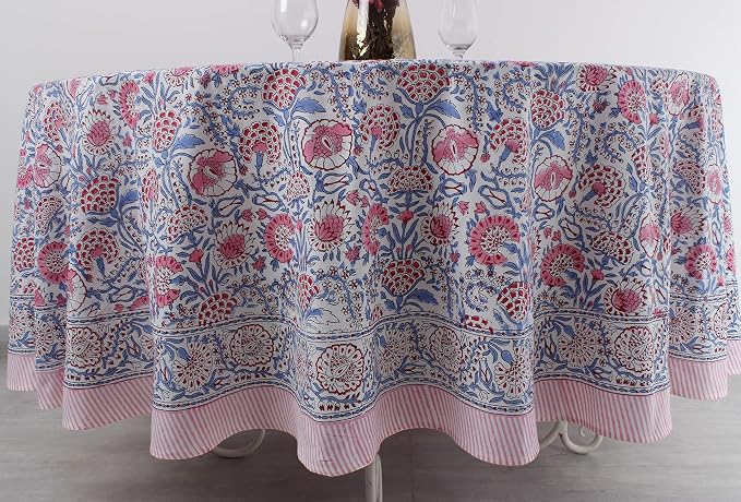 Ridhi Round Tablecloth Hand Block Print 100% Cotton Reusable Flamingo Pink 132 Inch Table Cover Decorative Everyday Use for Dining, Home, Party, Wedding, Farmhouse, Party Gift for Spring, Mother's Day