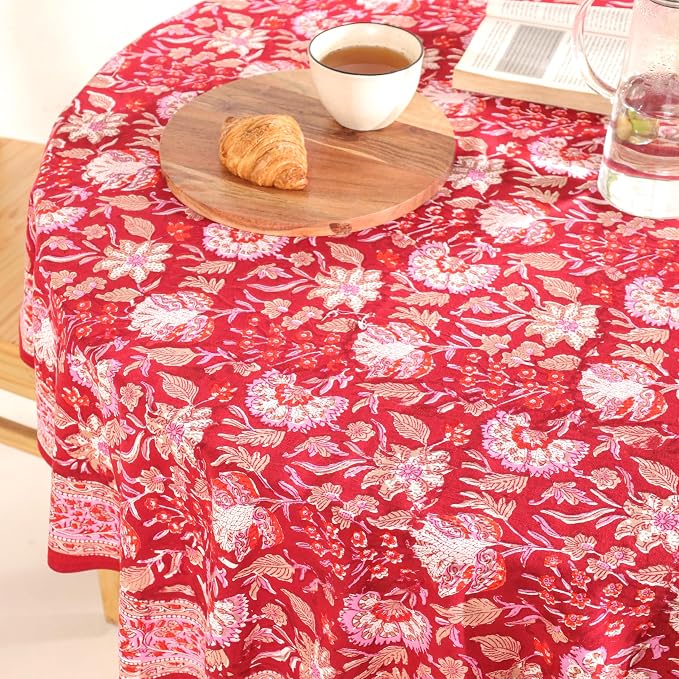 Hand Block Printed Tablecloth – Colorful Floral Print | 100% Cotton | Indian Artisan Handmade Art | Dining Room, Kitchen, Outdoor Décor, (Cherry Red, 4 Seater 60 Inches Round)