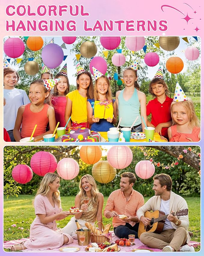 Treela 48 Pcs Paper Lanterns Party Decorations Chinese Round Paper Decor 4/6/8/10 Inch Asian Hanging Lamps Decorative for Birthday Party Wedding Bridal New Year Supplies(Gold,Orange)