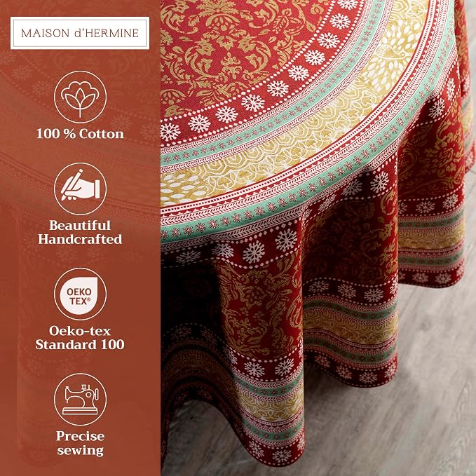 Maison d' Hermine Table Cloth Round Table 100% Cotton 63 Inches Fall Tablecloth Reusable Everyday Use for Thanksgiving Christmas Decorations Dining Farmhouse Party (Sofia)