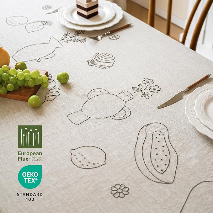 Linen World Embroidered Linen Tablecloth Large 70x118inch,100% French Linen Pre-Washed Table Cloth,Natural Flax Table Cover for Elegant Dining,Fruit Embroidery