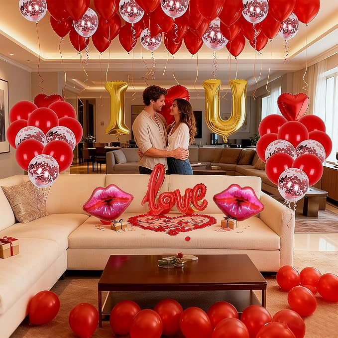 32 Inch I Love You Balloons Red Gold Balloon with Heart Shaped, lips, Love Foil Balloons and 1000 Pieces Rose Petals for Anniversary Valentine's Day Proposals Decorations