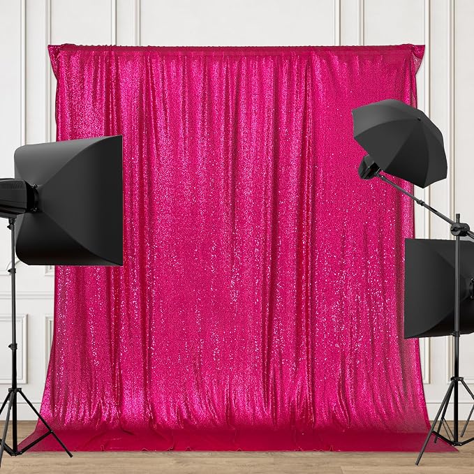 PartyDelight Hot Pink Sequin Backdrop Curtains 6x8ft | 3mm stitched sequin curtain with 4 inch rod pocket for 6x8ft photo booth wall ceremony backdrop party wall and stage display