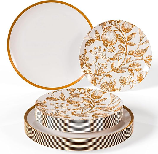 Trendables 80 Piece Plastic Disposable Plates Set For 40 Guests I 40 X 8 Inch Dessert Plates & 40 X 10 Inch Disposable Plastic Plates | Wedding Party Plates | White & Brown Pomegranate Design