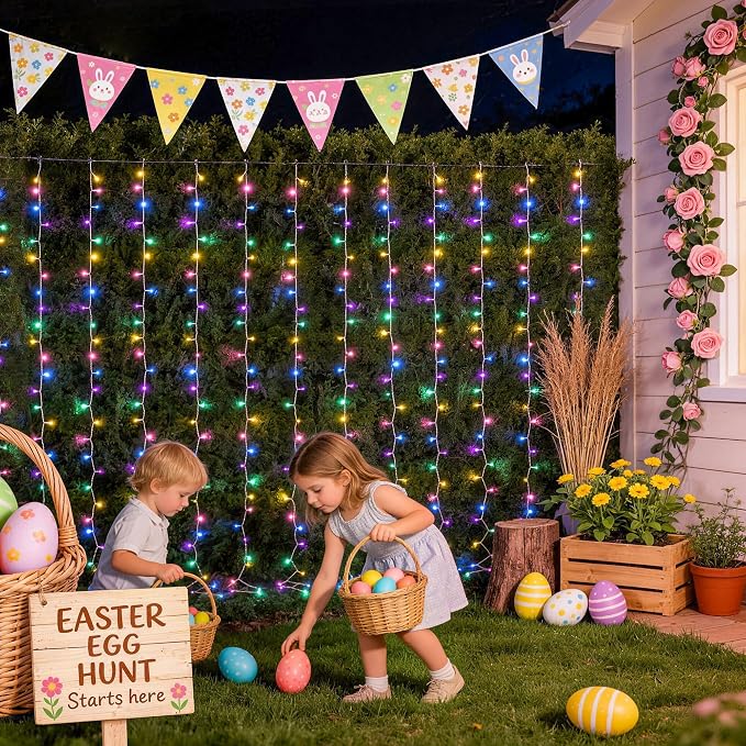 JMEXSUSS 300LED Easter Decorations Curtain Lights with Remote, 9.8x9.8ft Easter Sting Lights Plug in for Bedroom Wall Window Party Backdrop Porch Patio Garden Yard Indoor Outdoor Decor