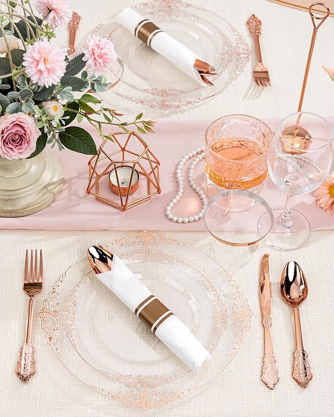Nervure 175PCS Rose Gold Plastic Plates - Disposable Rose Gold Party Plates & Pre Rolled Napkins with Cutlery for 25 Guests, 50Plates, 75Silverware, 25Cups, 25Napkin for Wedding & Party & Mothers Day