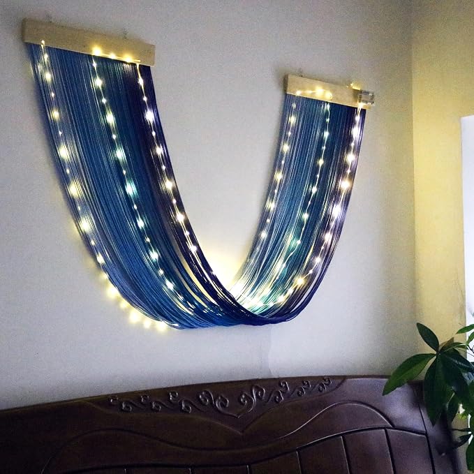 Macrame Fairy Lights Battery Operated with Remote & Timer, Blue Gradient | Handwoven Wall Hanging with 20ft 100 LEDs Warm White Timer String Lights for Bedroom,Living Room,Party,Wedding,Christmas Deco
