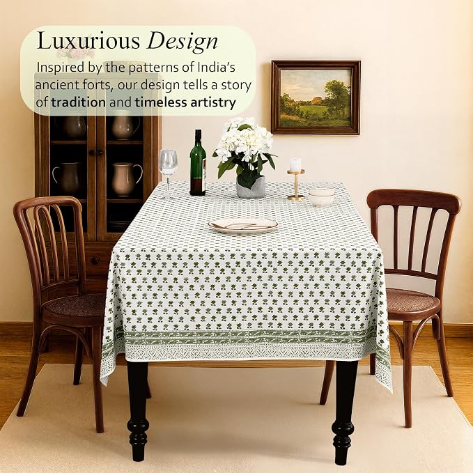 CPC Lotus Meadow Tablecloth 100% Cotton 72x140 Inch Indian Block Print Rectangle Table Cover, Table Cloth for Gifting in Weddings, Halloween, Fall, Christmas, Thanksgiving