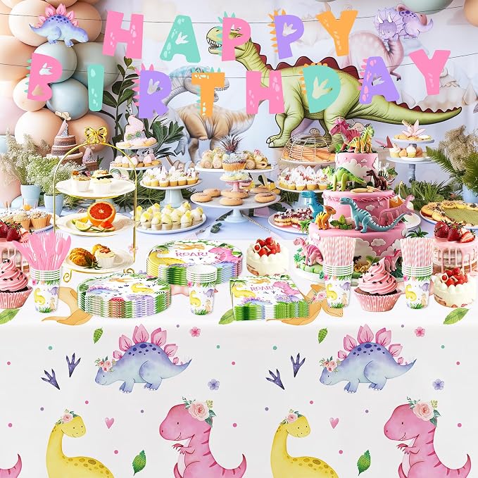 Srua Don Dinosaur Birthday Party Supplies Girl - Pink Dinosaur Party Decorations Tableware for Birthday Baby Shower, Paper Plate, Cup, Napkins, Tablecloth, Cutlery, Banner | Serves 24