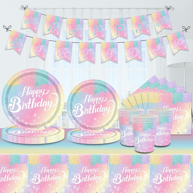 Rainbow Birthday Party Supplies 194 Pcs Disposable Party Decorations Includes Paper Plates, Napkin, Fork, Knives Spoons Cups, Tablecloth, Banner Straws for Mermaid Themed Events Serves 24