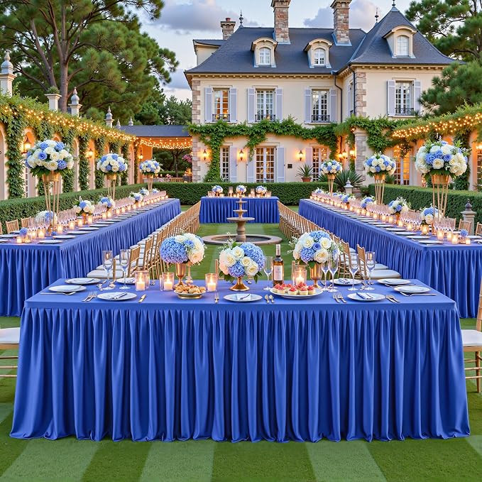 PARTISKY 6 Pack Royal Blue Tablecloths for Rectangle Tables 8ft, Wrinkle Resistant Spandex Table Cover Fitted Stretch Table Cloth with Pleated Ruffle Skirts for Party Banquet Dining Birthday Wedding