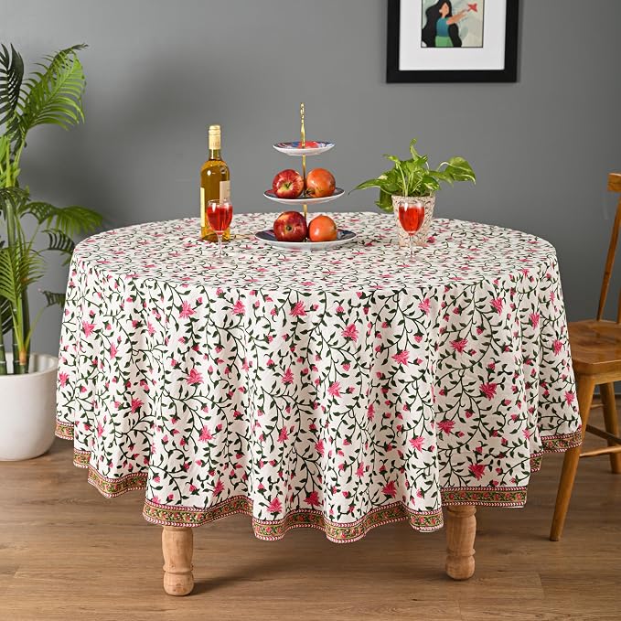 Hand Block Printed Tablecloth – Colorful Floral Print | 100% Cotton | Indian Artisan Handmade Art | Dining Room, Kitchen, Outdoor Décor, (Rosy Elegance, 108 Inches Round)