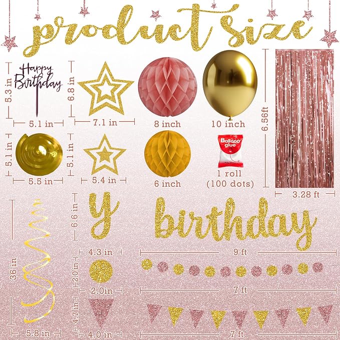 Rose Gold and Gold Birthday Party Decorations Set - Happy Birthday Banner Balloons Foil Curtains Hanging Swirls for Women Girls Birthday Party Supplies
