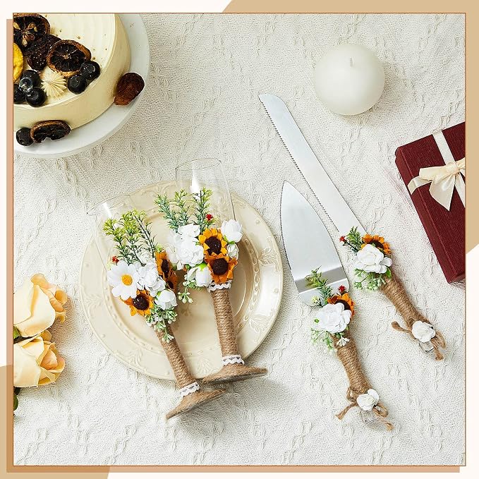 Irenare Rustic Wedding Cake Knife and Server Set with Champagne Glasses Cake Serving Set Rustic Bride and Groom Champagne Flutes Wedding Decorations Supplies(Sunflower Style)