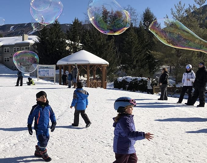 WOWMAZING Winter Edition Giant Bubbles: Incl. Wand, 7 Big Bubble Concentrate Pouches and 8 Glow-in-The-Dark Stickers | Outdoor Toy for Kids, Girls | Bubbles Made in The USA