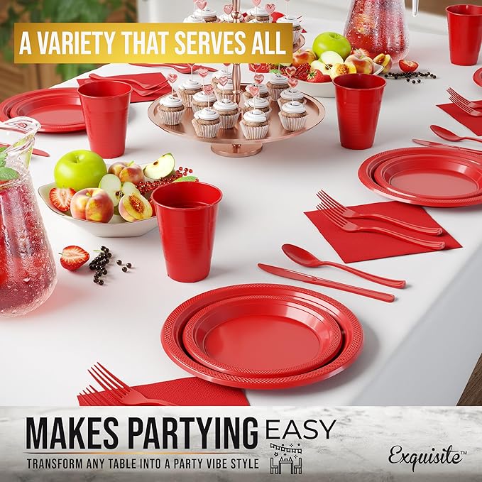 350 Pcs Red Plastic Plates For Party, Red Disposable Plates Set, 50 Of Each 9" Dinner Plate Set, 7" Dessert Plate, Cups, Napkins & Cutlery Plastic Dinnerware Set Exquisite
