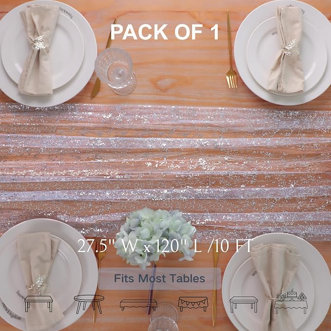 Snowkingdom Light Blue Silver Gauze Table Runner 10ft 120 inch Glitter Sheer Cheesecloth Tulle Home Dining Table Decoration for Bridal Baby Shower Summer Wedding Birthday Holidays Party