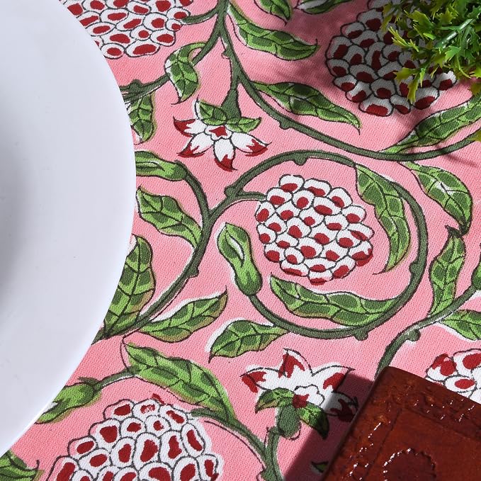 Ridhi Round Tablecloth Hand Block Print 100% Cotton Reusable Strawberry Pink 132 Inch Table Cover Decorative Everyday Use for Dining, Home, Farmhouse Gift for Spring, Mother's Day