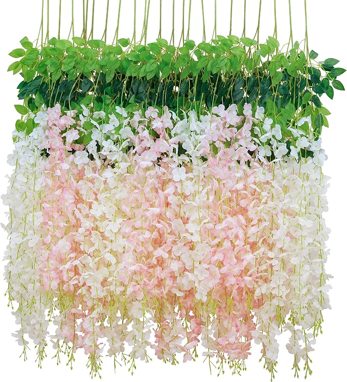 BLEUM CADE 20Pcs White & Pink Fake Wisteria Hanging Flowers, 3.6Ft/Pcs Artificial Wisteria Garland, Hanging Flowers for Wedding Party Home Backdrop Wall Decoration