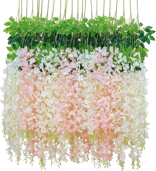 BLEUM CADE 20Pcs White & Pink Fake Wisteria Hanging Flowers, 3.6Ft/Pcs Artificial Wisteria Garland, Hanging Flowers for Wedding Party Home Backdrop Wall Decoration