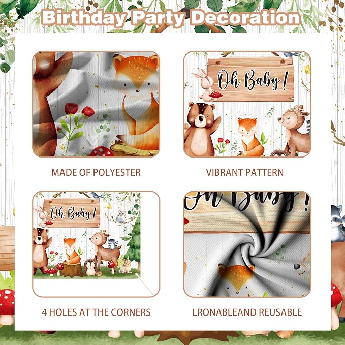 Woodland Baby Shower Decorations Neutral - Forest Animals Party Supplies Include Balloon Garland Arch, Oh Baby Backdrop, 4 Wood Grain Boxes, Fox Deer Raccoon Foil Balloons - Sage Green Gold