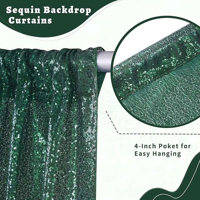 B-COOL Set of 6 Panels 2ftx8ft Emerald Green Sequin Backdrop Sparkle Background Curtains Fabric Glitter Backdrop for Party Ceremony Wedding Birthday Decoration