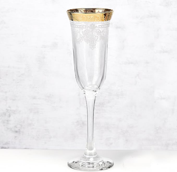 Lorren Home Trends Flutes Set of 6 Stencil Pattern and Gold Band, One Size, Clear