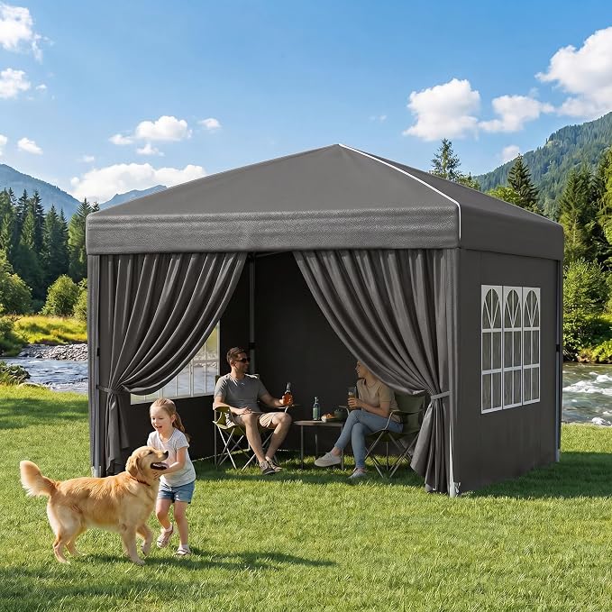 KIGOTY 10x10 FT Portable Pop Up Canopy Tent, Adjustable Height Instant Gazebo with Sidewalls, One-Push Setup Outdoor Canopy for Camping, Parties, Vendor Events (Grey with Reflective Strip, 3m × 3m)
