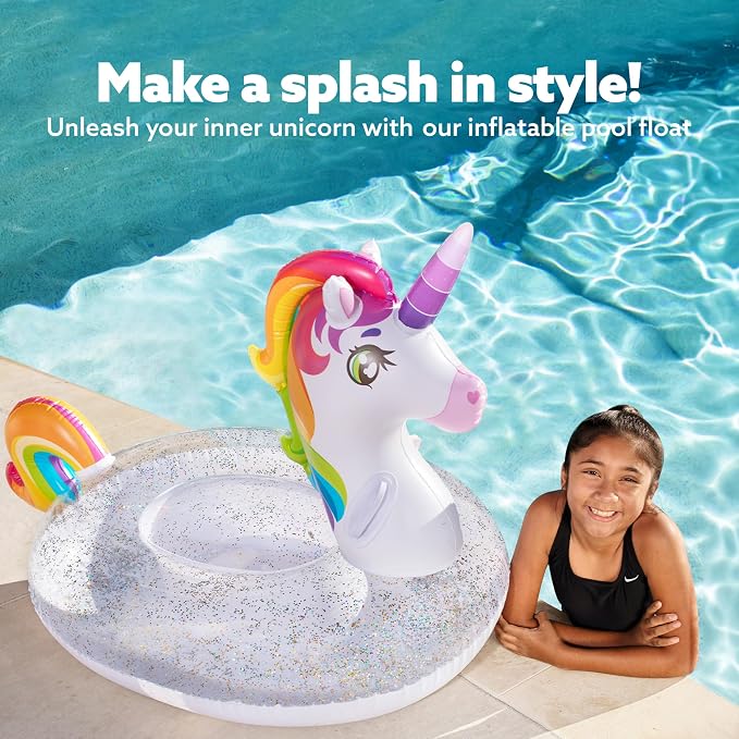 JOYIN Unicorn Pool Float Kids - Inflatable Rainbow Unicorn Floaty with Glitters Fun Floats, Ride On Beach Lake Floaties Raft Lounge, Party in Summer Decorations Pool Toys for Kids