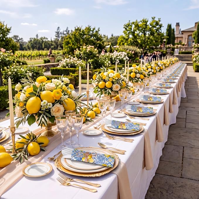 400 Pcs Capri Lemon Party Supplies Biodegradable Disposable Tableware Set for 100 Guest Knives Spoon Fork Paper Napkins Mediterranean Lemons Supplies for Bridal Shower Wedding Bridesmaid Gift