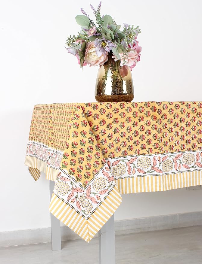 Ridhi Mustard Yellow Hand Block Print Cotton Rectangle Tablecloth 160" x 72" inches Reusable Table Cover Decorative Everyday Use for Dining Room, Farmhouse, Home Gift for Spring, Mother's Day