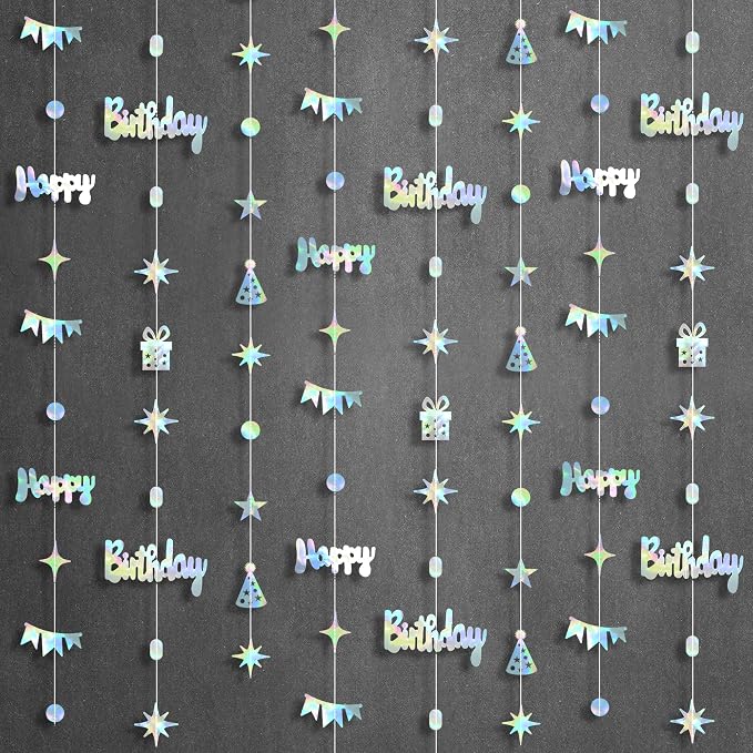 KatchOn, Iridescent Happy Birthday Circle Dot Twinkle Star Garland Kit - 6.5 Ft, Pack of 8 | Metallic Silver Hanging Garland for Happy Birthday Decorations | Disco Theme Party Decorations | No DIY