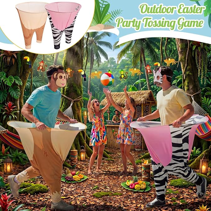 21 Pcs Safari Jungle Party Games, Giant Animal Granny Pants Outdoor Game with Pump, Bouncy Balls & Animal Masks, Jungle Zoo Party Tossing Game for Family Team Activity Picnic Backyard