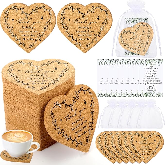 25 Sets Rustic Wedding Favor Coasters, Heart Cork Coasters for Guests, Mr & Mrs Coaster Favors with Thank You Cards & Organza Bags, Bridal Shower Party