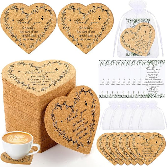 25 Sets Rustic Wedding Favor Coasters, Heart Cork Coasters for Guests, Mr & Mrs Coaster Favors with Thank You Cards & Organza Bags, Bridal Shower Party